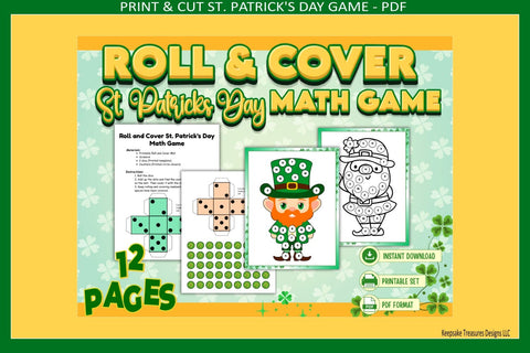 St Patrick’s Day Roll and Cover Math Game Printable PDF, Kids Coloring Activity, Print and Cut Classroom or Home Learning Sublimation Keepsake Treasures Designs LLC. 