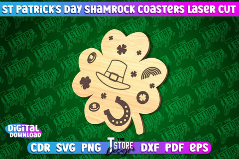St. Patrick's Day Shamrock Coasters | Laser Cutting File | CNC File SVG The T Store Design 