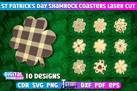 St. Patrick's Day Shamrock Coasters | Laser Cutting File | CNC File SVG The T Store Design 