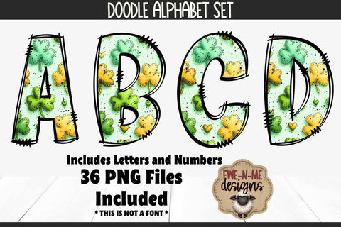 St Patricks Day Shamrocks Doodle Alphabet Numbers | Patterned PNG Sublimation Ewe-N-Me Designs 