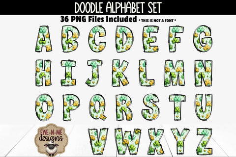 St Patricks Day Shamrocks Doodle Alphabet Numbers | Patterned PNG Sublimation Ewe-N-Me Designs 