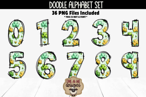 St Patricks Day Shamrocks Doodle Alphabet Numbers | Patterned PNG Sublimation Ewe-N-Me Designs 