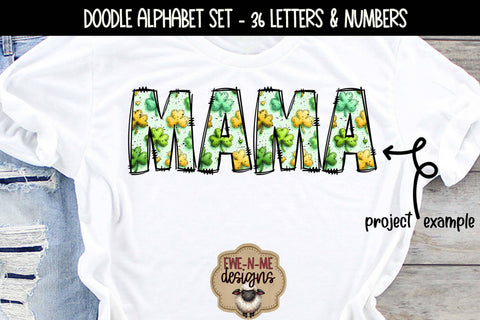 St Patricks Day Shamrocks Doodle Alphabet Numbers | Patterned PNG Sublimation Ewe-N-Me Designs 