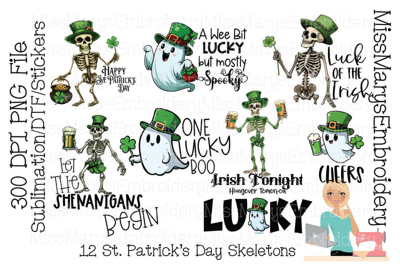 St. Patrick's Day Skeletons | St. Patrick's Day Ghosts | St. Patrick's Day Clipart | Skeletons & Ghosts for St. Patrick's Day Sublimation MissMarysEmbroidery 