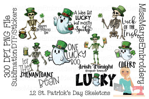St. Patrick's Day Skeletons | St. Patrick's Day Ghosts | St. Patrick's Day Clipart | Skeletons & Ghosts for St. Patrick's Day Sublimation MissMarysEmbroidery 