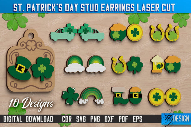 St Patrick's Day Stud Earrings Bundle | Shamrock | St Patrick's Signs | Accessories | CNC Files SVG Fly Design 