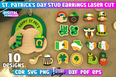 St Patrick's Day Stud Earrings Bundle | Shamrock | St Patrick's Signs | Accessories | CNC Files SVG The T Store Design 