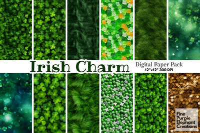 St. Patrick's Day Textures Digital Paper | Irish Leprechaun Four Leaf Clover Shamrock Digital Pattern Fine Purple Elephant Creations 