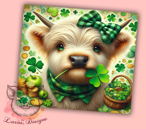 St. Patrick's Day Tumbler Wrap, Cute Highland Cow Design, 20oz Sublimation Wrap, Irish Cow Art, Digital Download Tumbler, Festive Cow Design, St. Patty's Day Drinkware Sublimation Lara' s Designs 
