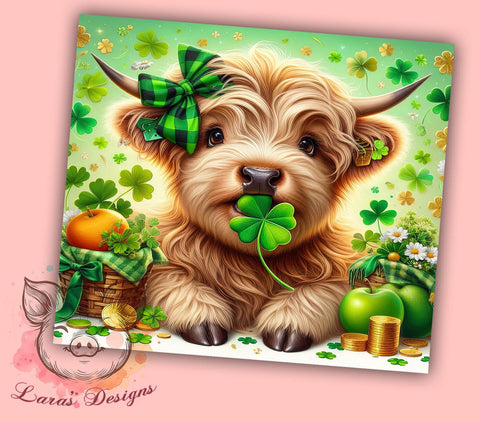 St. Patrick's Day Tumbler Wrap, Cute Highland Cow Design, 20oz Sublimation Wrap, Irish Cow Art, Digital Download Tumbler, Festive Cow Design, St. Patty's Day Drinkware Sublimation Lara' s Designs 