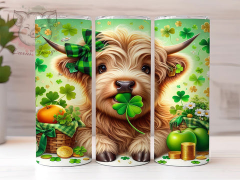 St. Patrick's Day Tumbler Wrap, Cute Highland Cow Design, 20oz Sublimation Wrap, Irish Cow Art, Digital Download Tumbler, Festive Cow Design, St. Patty's Day Drinkware Sublimation Lara' s Designs 