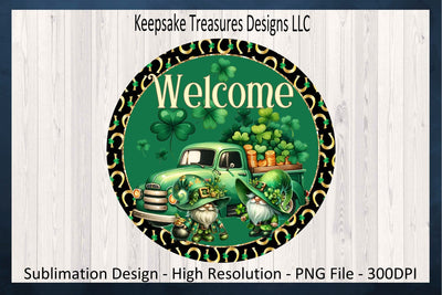St. Patrick's Day Welcome Gnome Wreath Attachment, Sublimation PNG, Template Door Hanger, Spring Home Decor, Digital Download, Printable PNG Sublimation Keepsake Treasures Designs LLC. 
