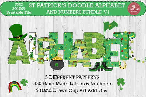 St Patrick’s Doodle Alphabet And Numbers and Clipart Bundle SVG jacpot007 