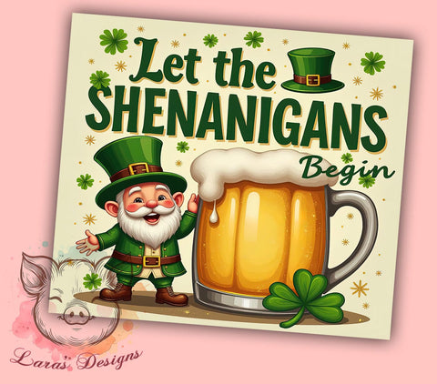 St. Patrick's Gnome 20oz Tumbler, Gnome Tumbler, Shamrock Design, 20oz Tumbler Wrap, Irish Gift, Let the Shenanigans Begin, Custom Drinkware Sublimation Lara' s Designs 