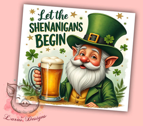 St. Patrick's Gnome 20oz Tumbler, Gnome Tumbler, Shamrock Design, 20oz Tumbler Wrap, Irish Gift, Let the Shenanigans Begin, Custom Drinkware Sublimation Lara' s Designs 