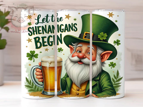 St. Patrick's Gnome 20oz Tumbler, Gnome Tumbler, Shamrock Design, 20oz Tumbler Wrap, Irish Gift, Let the Shenanigans Begin, Custom Drinkware Sublimation Lara' s Designs 
