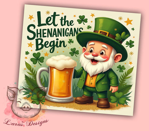 St. Patrick's Gnome 20oz Tumbler, Gnome Tumbler, Shamrock Design, 20oz Tumbler Wrap, Irish Gift, Let the Shenanigans Begin, Custom Drinkware Sublimation Lara' s Designs 