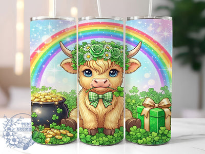 St. Patrick's Highland Calf 20oz Tumbler, Highland Calf Motif, St. Patrick's Theme, Shamrock Design, Irish Charm, Festive Accent, Sublimation Wrap, 20oz Tumbler Sublimation ToriDesigns 