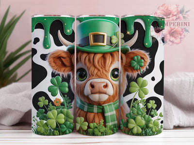 St Patrick’s Highland Cow 20oz Tumbler, 3D Highland Cow, Irish Theme, Shamrock Design, Festive Cow, Skinny Tumbler, Sublimation PNG Sublimation Li Zamperini 