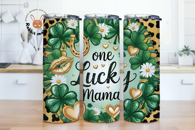 St. Patrick's One Lucky Mama Tumbler Wrap, 20oz Skinny Tumbler Sublimation Design, Mom Life PNG, Leopard Green Gold Sublimation Rabbitmakies 