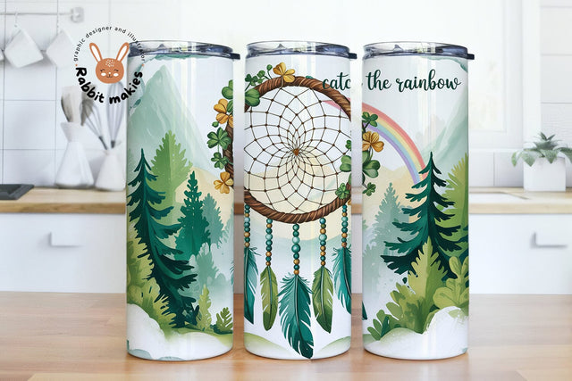 St. Patrick's Tumbler Wrap, Shamrock Dreamcatcher Sublimation Design PNG, Feather 20Oz Skinny Tumbler File, St Patty Boho Floral Tumbler Sublimation Rabbitmakies 