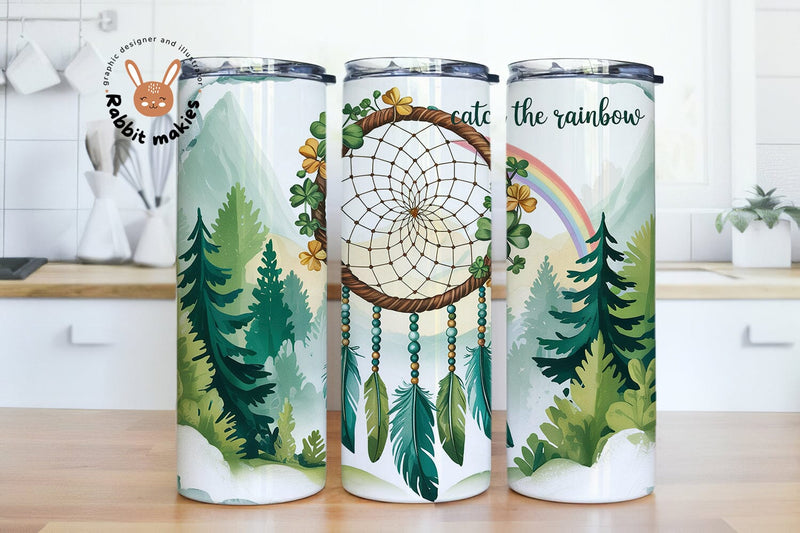 St. Patrick's Tumbler Wrap, Shamrock Dreamcatcher Sublimation Design PNG, Feather 20Oz Skinny Tumbler File, St Patty Boho Floral Tumbler Sublimation Rabbitmakies 