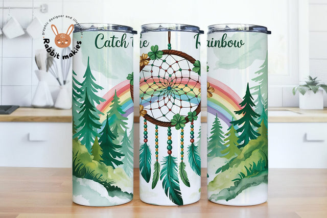 St. Patrick's Tumbler Wrap, Shamrock Dreamcatcher Sublimation Design PNG, Feather 20Oz Skinny Tumbler File, St Patty Boho Floral Tumbler Sublimation Rabbitmakies 
