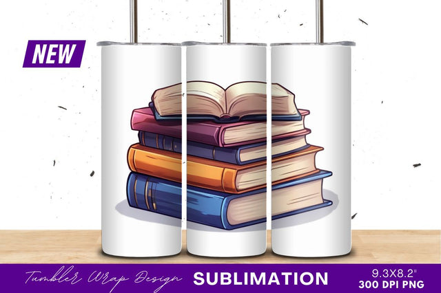 Stack of colorful books illustration tumbler png Sublimation Regulrcrative 