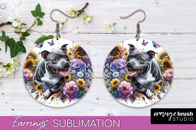 Staffordshire Bull Terrier Earrings - Dog Mom Floral Round Earring Sublimation Sublimation OrangeBrushStudio 