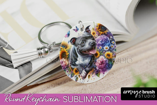 Staffordshire Bull Terrier Keychain - Dog mom Floral Keychain Sublimation Design Sublimation OrangeBrushStudio 