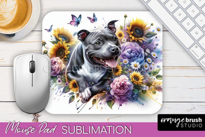 Staffordshire Bull Terrier Mouse Pad Design - Dog Mom Floral Mousepad Sublimation Sublimation OrangeBrushStudio 