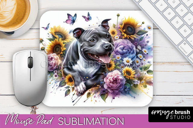 Staffordshire Bull Terrier Mouse Pad Design - Dog Mom Floral Mousepad Sublimation Sublimation OrangeBrushStudio 