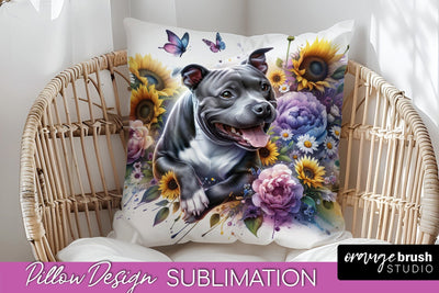 Staffordshire Bull Terrier Pillow Cover - Dog Mom Floral Pillow Sublimation Sublimation OrangeBrushStudio 