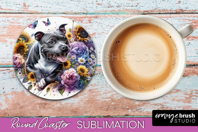 Staffordshire Bull Terrier Round Coaster - Dog Mom Floral Coaster Sublimation Sublimation OrangeBrushStudio 