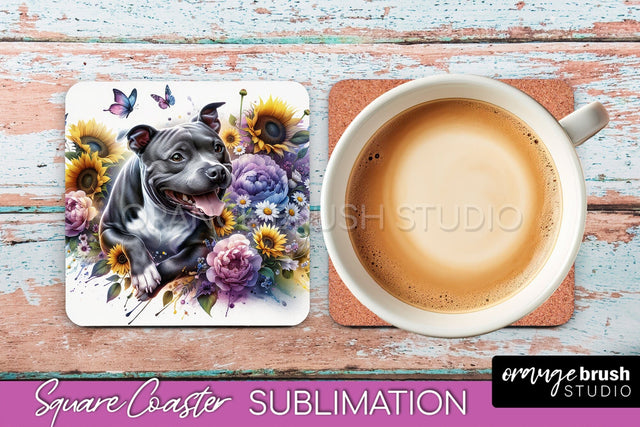 Staffordshire Bull Terrier Square Coaster - Dog Mom Floral Coaster Sublimation Sublimation OrangeBrushStudio 