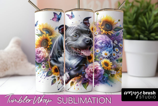 Staffordshire Bull Terrier Tumbler Wrap - Dog Mom Floral Tumbler Sublimation Sublimation OrangeBrushStudio 