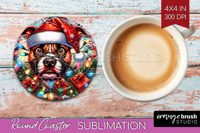 Staffordshire Terrier Funny Christmas Dog Round Coaster Sublimation OrangeBrushStudio 