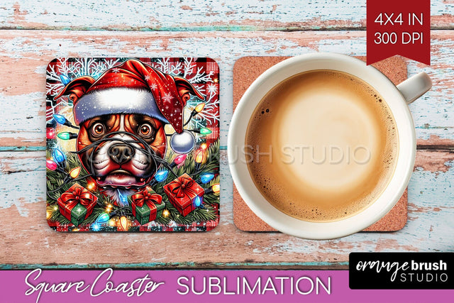 Staffordshire Terrier Funny Christmas Dog Square Coaster Sublimation OrangeBrushStudio 
