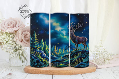 Stag Forest Night Sky Tumbler Wrap PNG Sublimation sassyprint 