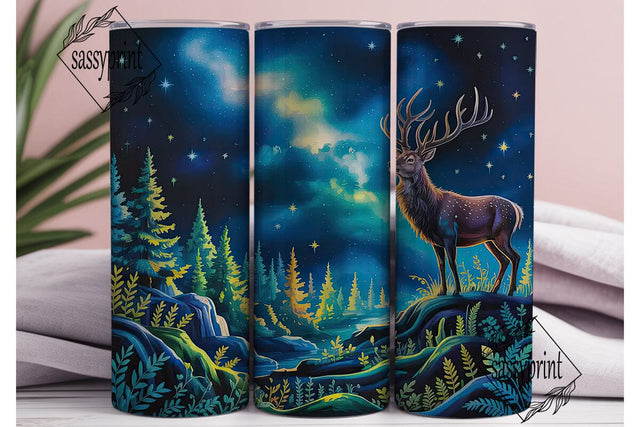 Stag Forest Night Sky Tumbler Wrap PNG Sublimation sassyprint 