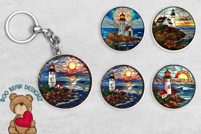 Stain Glass Light House key Chain Clipart Sublimation Boo Bear Designz 