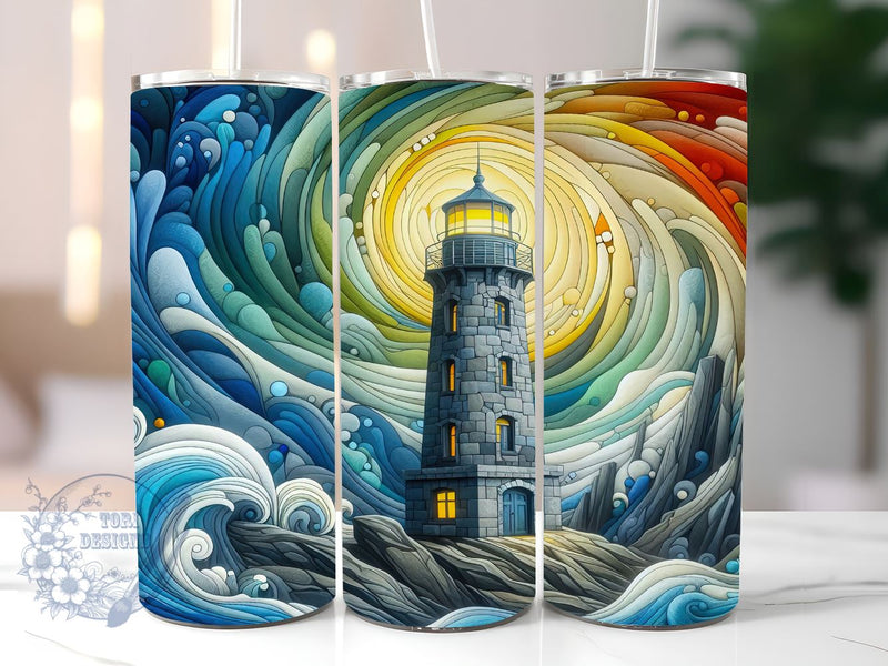 Stain Glass Lighthouse 20oz Skinny Tumbler, Lighthouse Tumbler Png, Straight & Tapered Tumbler Wrap, Instant Digital Download Sublimation ToriDesigns 