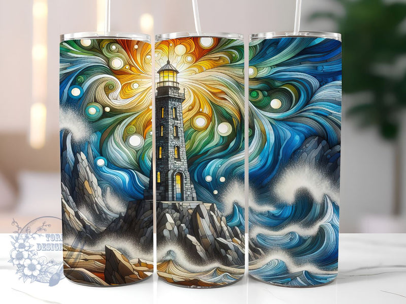 Stain Glass Lighthouse 20oz Skinny Tumbler, Lighthouse Tumbler Png, Straight & Tapered Tumbler Wrap, Instant Digital Download Sublimation ToriDesigns 