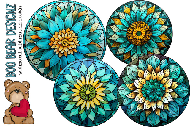 Stain Glass Teal Sunflower Sublimation rounds Sublimation Boo Bear Designz 