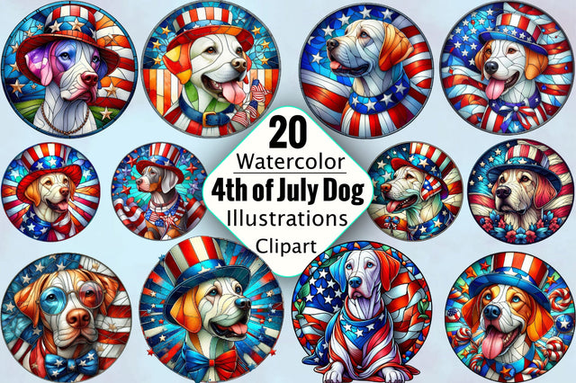 Stained Glass 4th of July Dog Clipart Bundle Sublimation SVGArt 
