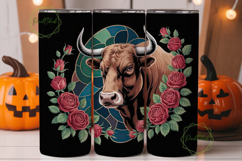 Stained Glass Bull & Roses 20oz Tumbler Sublimation PixelChick 