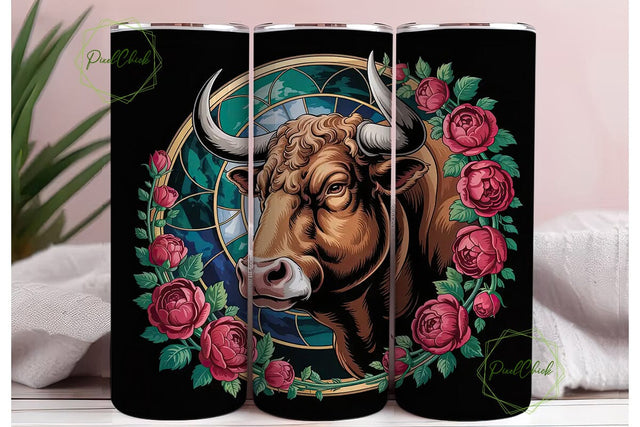 Stained Glass Bull & Roses 20oz Tumbler Sublimation PixelChick 