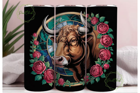 Stained Glass Bull & Roses 20oz Tumbler Sublimation PixelChick 