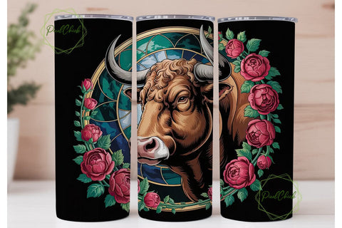 Stained Glass Bull & Roses 20oz Tumbler Sublimation PixelChick 