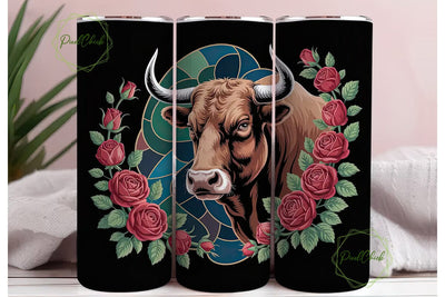 Stained Glass Bull & Roses 20oz Tumbler Sublimation PixelChick 